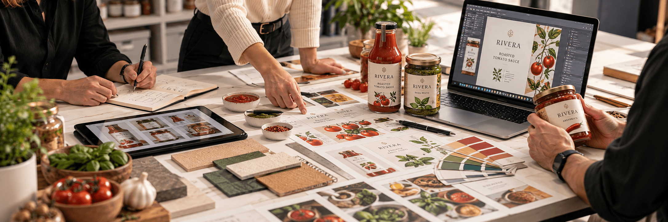 An industrial food product and packaging development workspace with label artwork, packaging samples and project materials.